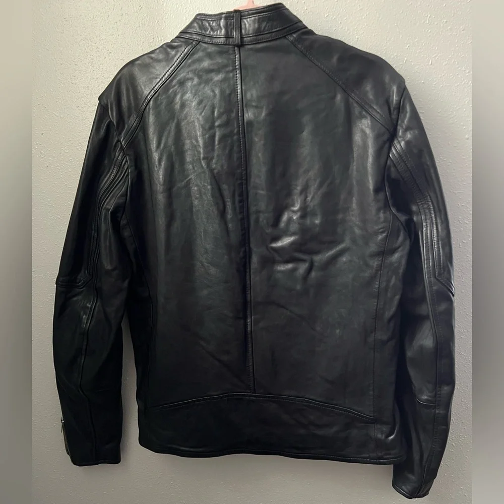 AllSaints Cora Leather Snap Back Collar Jacket Men’s Size Large in Jet Black - Picture 2 of 9